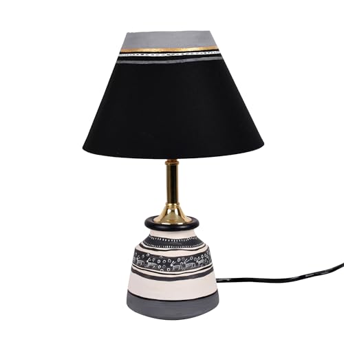 Image of AAKRITI ART CREATIONS Terracotta Table Lamp for Study Room, Bedroom & Living Room Decoration | Warli Black Pottery Floral Bedside Lamp with Cotton Fabric Shade | Aesthetic Night Lamp