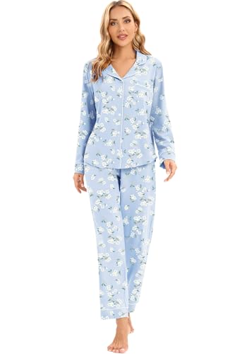 Image of LUBOT 100% Cotton Pajamas for Women Pajama Set Soft 2 Piece Sleepwear PJ Set Long Sleeve Knit Button Cozy Loungewear XS-XXL