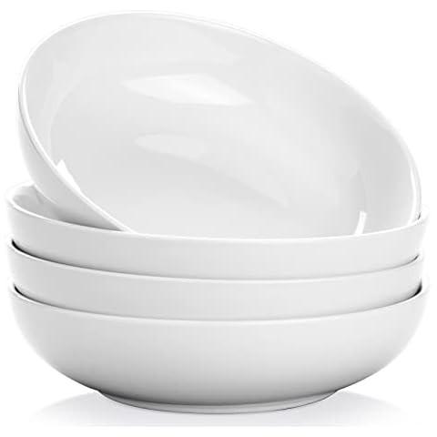 Yedio Pasta Bowls, 38 Ounces Porcelain Salad Bowls for Kitchen, Shallow Pasta Bowls Set, White Soup Bowls, Oven Dishwasher Safe, Set of 4 Cover