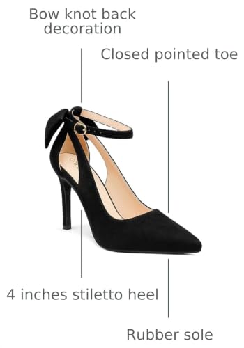 Image of COLETER Womens Back Bow D'Orsay Pumps Pointed Toe Ankle Strap Wedding Heels | 4 Inch Stiletto Heels, Adjustable Ankle Strap, Back Bow Pumps, Formal Evening Bridal Shoes
