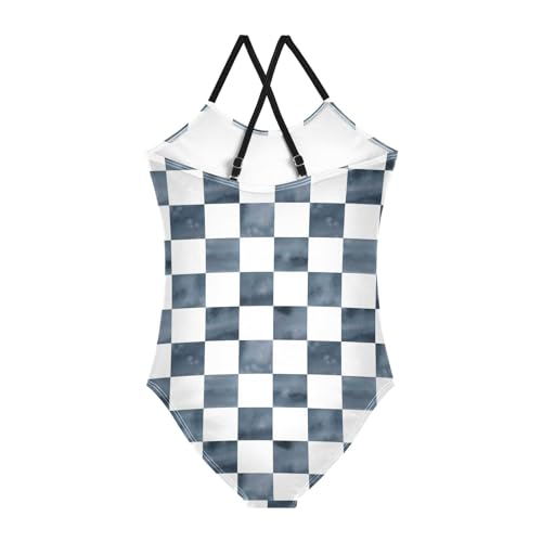 Image of Black and White Chess Girls One Piece Swimsuits Board Marble Tile Sport Halter Swimwear Beach Bathing Suit 3T