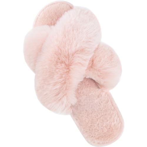 Image of Parlovable Women's Cross Band Slippers Fuzzy Open-Toe Memory Foam | Soft Faux Fur Indoor Slippers for Women, Non-Slip Rubber Sole, Cozy Gifts for Ladies, Moms and Bridesmaids