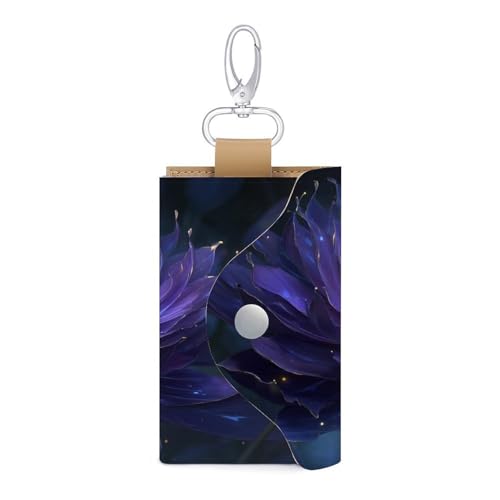 Elegant Dark Purple Flower Key Holder Bag PU Leather ID Card Holder Keychains Case Cover for Men Women