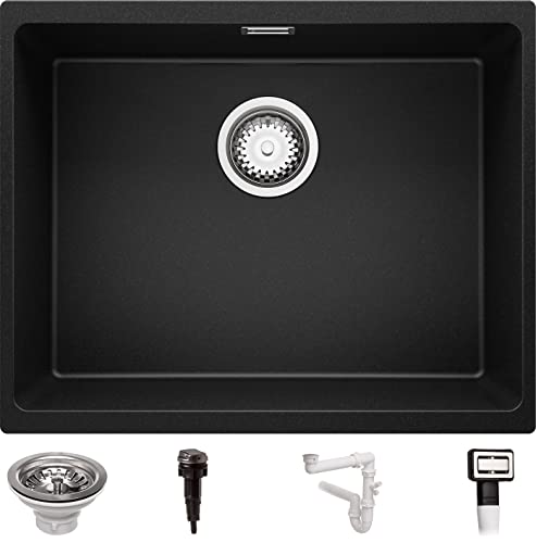 Evier Sous Plan Noir, 55,5 x 45 cm, Evier en Granit 1 bac + Siphon Automatique, Lavabo Cuisine de Primagran