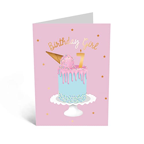 Central 23 Seventh Birthday Card For Girls - Happy 7Th Birthday - Age 7 - Seven Year Old - Pink Ice Cream Cake Greeting Card For Kids - Daughter Granddaughter - Toddler - Comes With Fun Stickers #TOP1