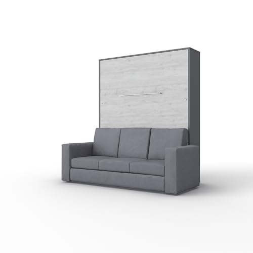 MAXIMAHOUSE Schrankbett vertikale mit Sofa, Invento LED 160V mit Lattenrost aus Holz, Wandklappbett 160x200 Erwachsene, modern Concept und Design (Grau/Eiche Monaco + graues Sofa)