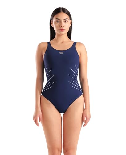 ARENA Women’s Isa Shapewear Squared Back One Piece Swimsuit C-Cup Built in Bra Ladies Shaping Bathing Suit Tummy Control Swimwear, Navy/Ice, Size 40