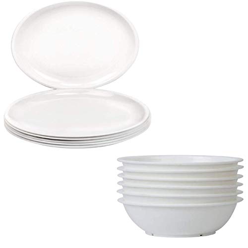 Image of Microwave Safe & Unbreakable Plastic Round Full Plate & Bowl Set (Pack of 6 Plates & 6 Bowl Set.- 12 Pieces) - White Color (Made in India)