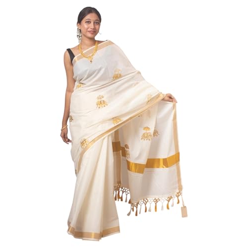 Women's Kerala Kasavu Onam Special Cotton Saree With Rich Pallu and Running Blouse Piece (Saree 5.5 meter, Blouse 0.8 meter)(elephant design)