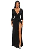SOLY HUX Women's Deep V Neck Long Sleeve Wrap Belted Split Thigh A Line Maxi Dress Black S