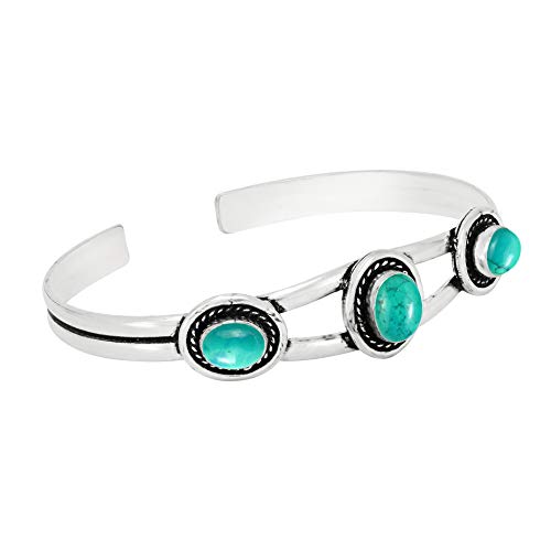 Natural Three Gemstones 925 Silver Overlay Open Bangle for Women - Oval Stone Vintage Style Handmade Adjustable Cuff Bracelet Jewelry - Perfect for Wedding & Special Occasions3