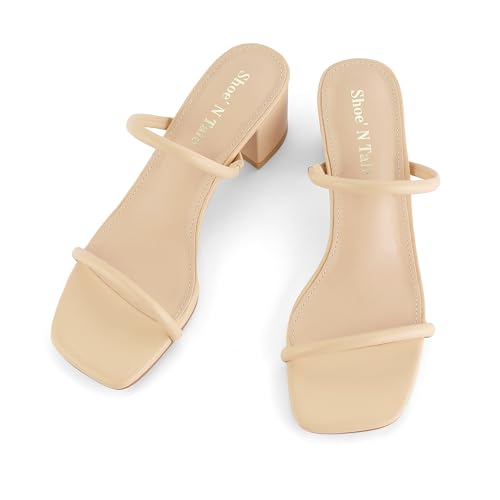 Image of Shoe'N Tale Strappy Heels for Women Square Open Toe Two Strap Low Block Heel Slip on Dressy Sandals Shoes