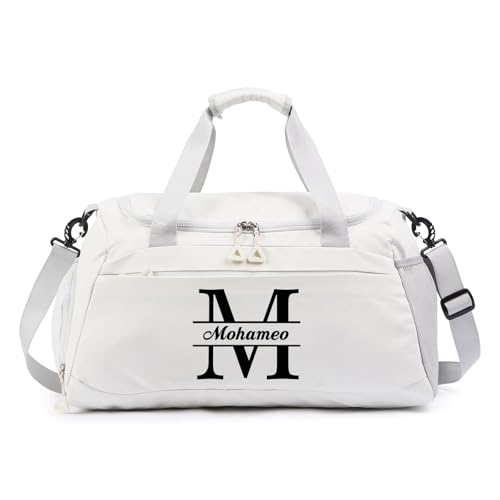 Personalized Duffel Bag with Name, Travel Duffel with Wet Pocket & Shoe Compartment, Sport Gym Bags for Women/Men, Overnight Bag for Traveling and Sports Enthusiasts (Style 1-White)