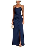 BessDress Satin Cocktail Dress Long Bridesmaid Prom Gown with Front Slit Mermaid Ruched Homecoming Dresses Navy Blue 8
