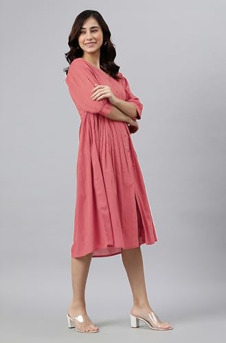 Image of Janasya Women's Cotton Solid Flared Dress