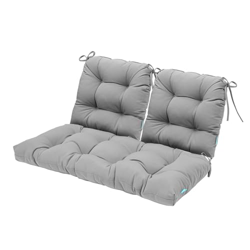 Image of QILLOWAY Outdoor Patio Cushions Set of 3, Wicker Furniture Cushions with Ties, Waterproof Loveseat & Seat Cushions for Patio Bench, Porch Chair, Outdoor Replacement Cushions, Grey