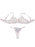 Lilosy Sexy Leaf Floral Embroidered Mesh Sheer Women Underwire Push Up Lingerie Set See Through Cute Bra Panty 2 Piece Flower Pink Blue Small