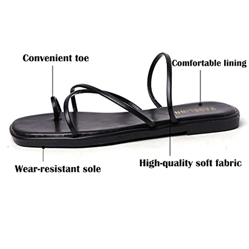 MTFBQ Leather Sandals for Women Flat Square Open Toe Flat Slipper,Slingback Ankle Strap Flip Flops for Women ​Summer Beach Flats Shoes Slip On Open Toe Indoor Outdoor Slipper3