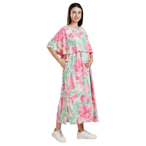 True Shape Maternity Gown for Women | Knitted Polyester Zipless Feeding Poncho Night Dress with Attached Cape, Easy Nursing & Convenient Pockets for Pre & Post Pregnancy