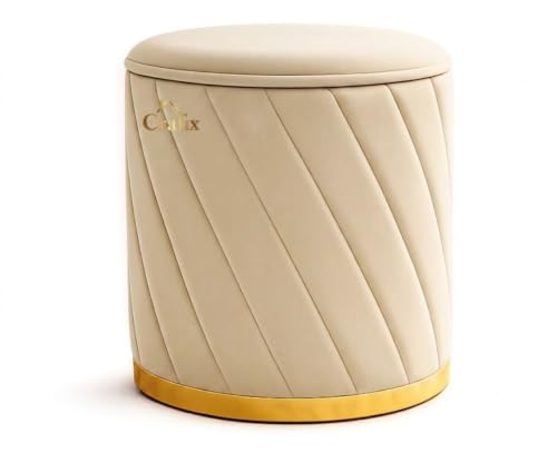 Image of Luxury Velvet Ottoman Stool for Living Room & Bedroom | Premium Round Pouffe with Gold Metal Base | Modern Footrest, Extra Seating & Home Decor (Cream)