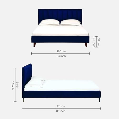Image of Wooden Modern Upholstered King Size Bed for Bedroom | Wooden Double Bed Without Storage | Platform Cot Upholstered Bed with Upholstery Fabric | Engineered Wood | 6.5 x 6 Ft | Blue-B