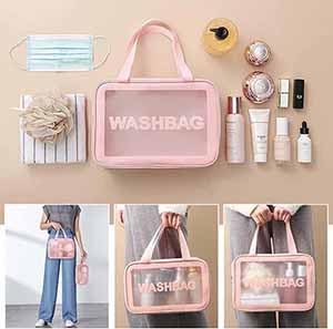 Image of Makeup Pouch Bag PVC Travel Toiletries Organizer Cosmetic Bags Wash Bag Pouch for Travel Kit Toiletry Bag Portable Organizer Case Carry Pouch for Women Bathroom Set of 3 (Pink)