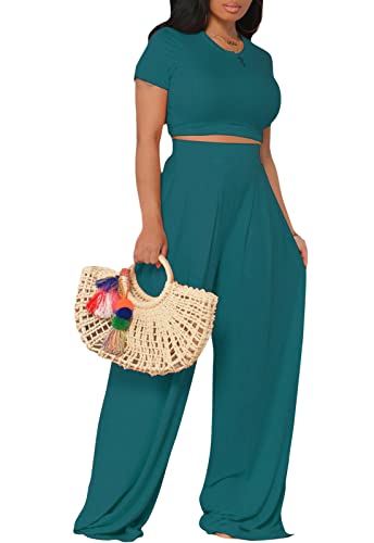 Image of Casual Summer 2 Piece Outfits for Women Crop Top High Waist Pants Sets