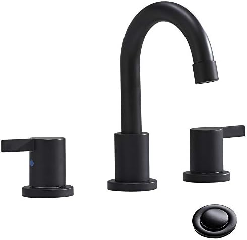 Phiestina Three-Hole Low-Arch Two-Handle Widespread Bathroom Faucets with Valve And Metal Pop-Up Drain Assembly,Matte Black,WF15-1-MB