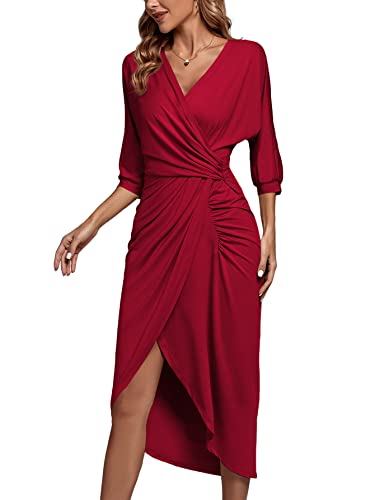 Rooscier Women's Wrap V Neck Ruched 3/4 Batwing Sleeve High Slit Bodycon Midi Dress Red X-Large #TOP4