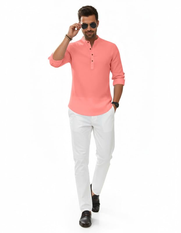 Image of Macsivo Men's Cotton Blend Solid Short Kurta with Regular Lenth Mandarin Neck Full Sleeves and roll-up tab| Kurta Style Shirt for Men