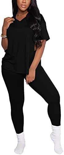 Nimsruc Two Piece Outfits For Women Jogger Sweat Suits Short Sleeve Tracksuits Lounge Matching Pants Sets Black XL