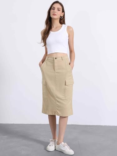 Image of Allegra K Corduroy Cargo Skirts for Women's High Waisted Elastic Back H Line 2025 Fall Midi Skirt