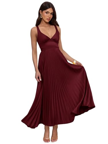 Pleated Satin Wedding Guest Dress 2025 V-Neck Backless Formal Midi Bridesmaid Dresses for Women