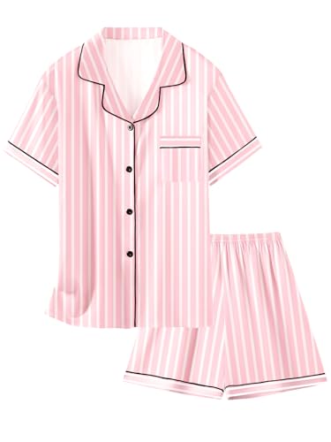 Image of Schbbbta Girls & Women Satin Pajamas Set, 2Piece Silk Nightwear Button-Down Sleepwear for Teen Kids, 3 Years - Women XXL