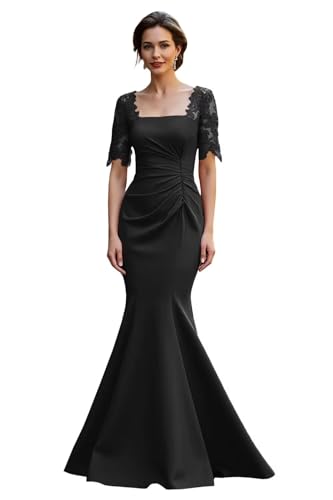 Satin Mermaid Mother of The Bride Dresses for Wedding Long Square Neck Lace Formal Evening Dresses with Sleeves
