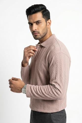 Image of BEAR THREAD Men's Polo T-Shirt | Linear Jacquard Full Sleeve Textured Knit Polo | Smart Casual Collared Stretch Fabric Tee | Stylish Everyday Wear for Men