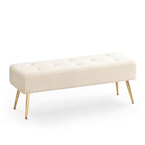 Furnimart Faux Fur Boho Bench Ottoman Upholstered Tufted Bench with Padded Seat, Footrest Foot Stool with Sturdy Metal Leg, for Bedroom Living Room Entryway
