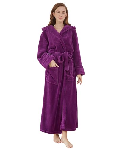 DiaryLook Fluffy Ladies Dressing Gown with Hooded, Super Soft Loungewear Robe for Women, Dressing Gowns for Women UK Bathrobe (A-Purple M)