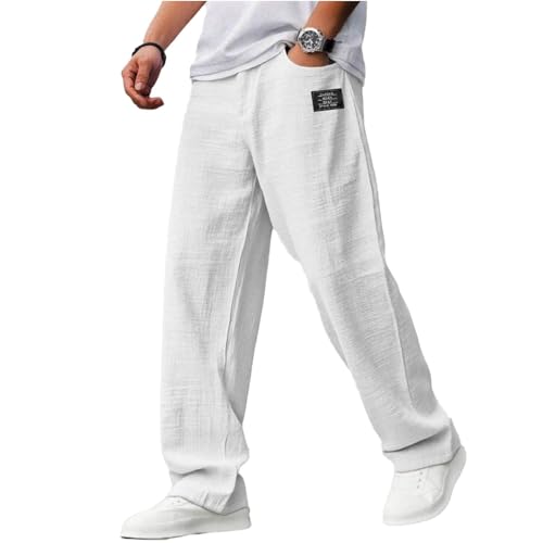 Cocoparo Mens Pants, Mens Harem Pants with Pockets, Summer Beach Linen Loose Elastic Waist Joggers, Casual Trousers