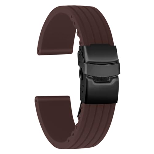 ULLCHRO Silicone Watch Strap Replacement Rubber Watch Band Waterproof Stripe Pattern - 14mm, 16mm, 18mm, 20mm, 22mm, 24mm Watch Bracelet with Stainless Steel Deployment Black Buckle(20mm, Brown02)