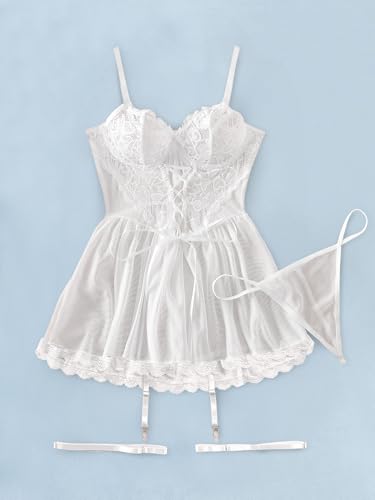 Image of Lilosy Sexy Garter Belt Mesh Lace Babydoll Lingerie Dress Set with Thong
