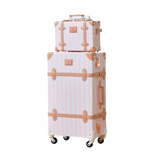UNIWALKER Vintage Suitcase Set for Women, 2 Piece Retro Spinner Trunk Luggage with Cosmetic Handbag, 24"+12", Pink Strip