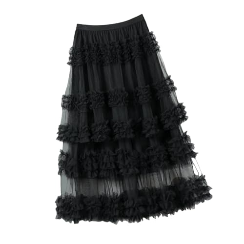 BMWJYLPM Rock Satin -spitzenverkleidung Geteilter Damenrock Feenfee Langer Frauen Hohe Taille Schlampiges Puppengitter Eine Linie-schwarz-eine Größe