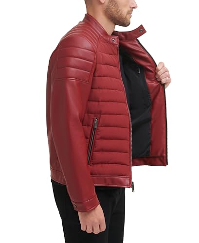 Image of DKNY Men's Mixed Media Faux Leather Puffer Motocross Racer Jacket