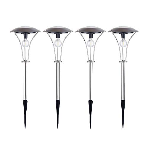 shinar Set of 4 Stainless Steel Solar Lights White 60 Lumen Edison LED Bulb for Garden Outdoor Torches Lights Solar Security Pathway Lights for Lawn Patio Deck Driveway Pool (White)