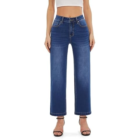 FLYING BANANA Women's Wide Leg Cropped High Waisted Stretchy Trendy Jeans Baggy Denim Pants (Dark Blue, 6 Long) Cover