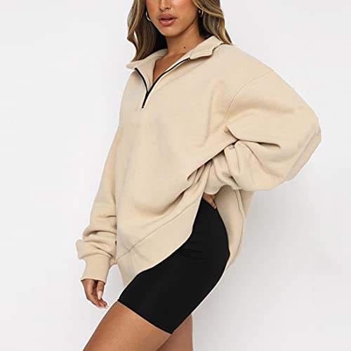 SAFRISIOR Women’s Oversized Half Zip Sweatshirt Drop Shoulder Long Sleeves Collar Quarter 1/4 Zipper Pullover Apricot - Image 4