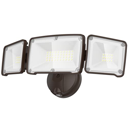 LEPOWER 3500LM Dusk to Dawn LED Security Lights Outdoor, 35W Outdoor Flood Light with Photocell, 5500K, IP65 Waterproof 3 Head Exterior Light for Garage, Patio, Yard（Brown）