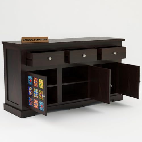 Image of Solid Sheesham Wood Wooden Sideboards & Chest of Drawer with 3 Drawers and 6 Shelves for Living Room or Bedroom Storage (Emboss, Walnut Finish)
