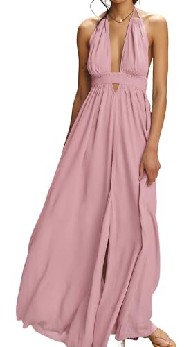 Image of R.Vivimos Boho Maxi Dresses for Women 2026 Summer Sleeveless Halter Elastic Waist Sexy Backless Front Slit Flowy Long Dresses